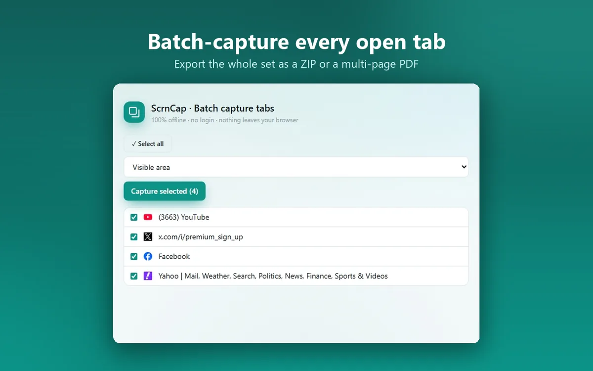 The ScrnCap batch capture tab with a list of open tabs selected for capture