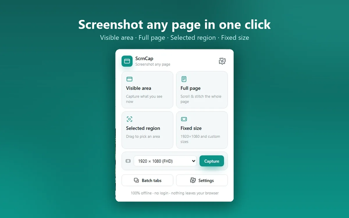 The ScrnCap popup showing the visible area, full page, region and fixed size capture modes